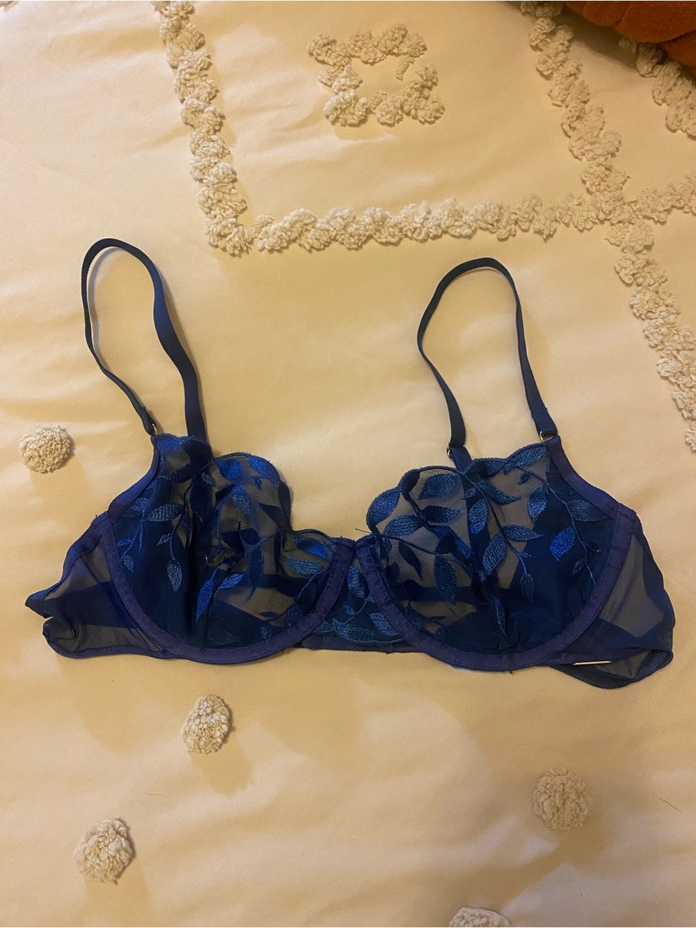 Sheer Floral Underwire Bra - Navy Blue